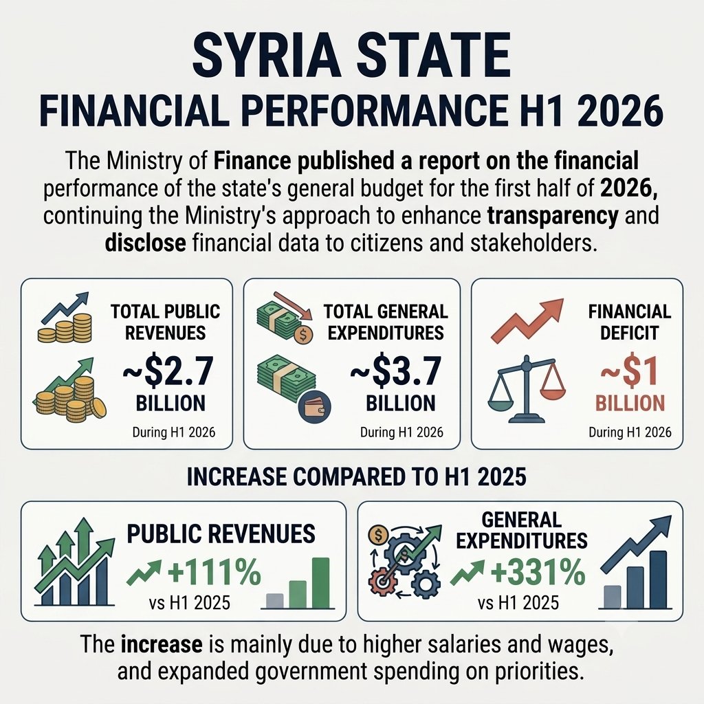 ShamiRebel's tweet photo. Syrian Ministry of Finance First Report:

Syria recorded approximately $2.7 billion in public revenues and $3.7 billion in government spending during the first half of 2026, resulting in a $1 billion deficit.

Revenues increased 111%, while spending surged 331% compared with the same period in 2025, mainly due to higher salaries and expanded government spending.

Oil and gas revenues began contributing in May, with further revenue growth expected in the second half of the year.
