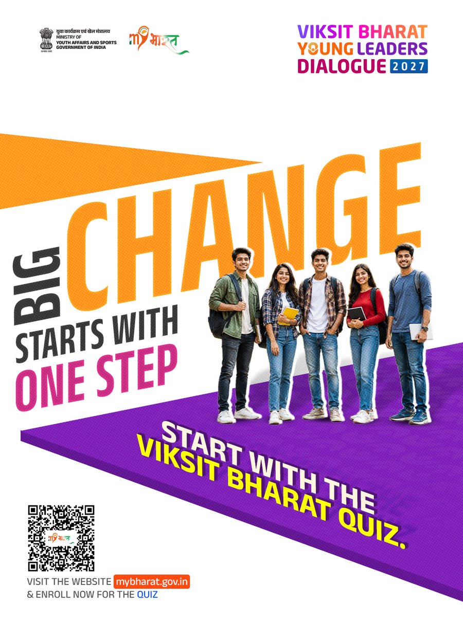 MYBharatHQ's tweet photo. What’s your vision for a Viksit Bharat?

Take the Viksit Bharat Quiz and begin your journey to VBYLD 2027. Your ideas could take you to the national stage before Hon’ble PM Modi.

📲 Scan the QR or visit https://t.co/W00rRhMv0c

#YoungLeadersDialogue #MYBharat https://t.co/oVxFl6iFut