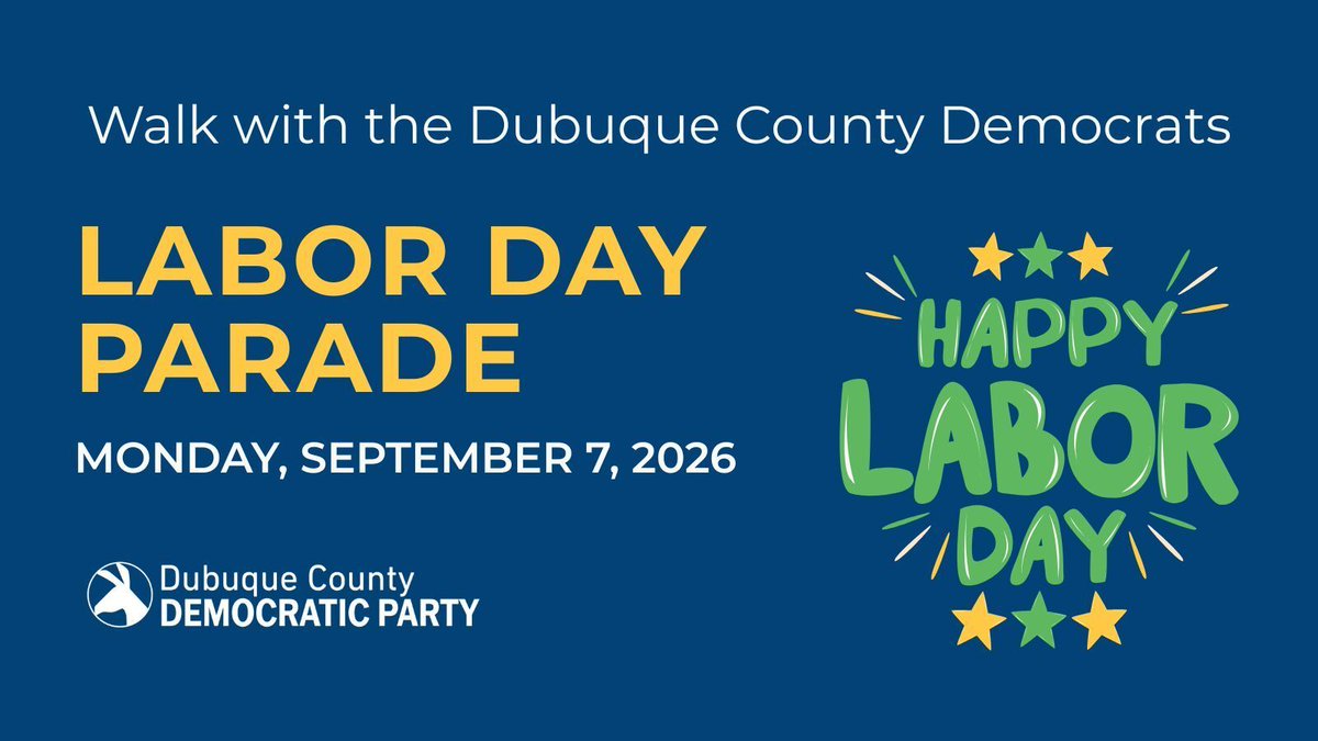 dbqdems's tweet photo. Come march with us in the Labor Day Parade!  Join candidates and your fellow Dubuque County Democrats to march in the Labor Day Parade to support local labor unions.   
Monday, September 7, 2026
Sign up and additional information here: https://t.co/dHPSfRwnQv https://t.co/2Vco6PFmab