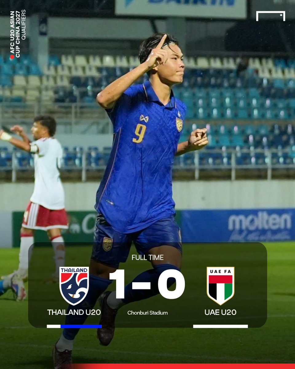 Goal_TH's tweet photo. #FT จบเกม ฟุตบอลชิงแชมป์เอเชีย รุ่นอายุไม่เกิน 20 ปี 2027 รอบคัดเลือก กลุ่ม เอฟ นัดแรก
​
🇹🇭 ไทย 1-0 สหรัฐอาหรับเอมิเรตส์ 🇦🇪
​
🇹🇭⚽️ 1-0 ศิวกร พลสรรค์ นาที 45+1

ทัพช้างศึก U20 ประเดิมคว้าชัยเก็บสามแต้ม ในรอบคัดเลือกชิงแชมป์เอเชียนัดแรก ด้วยการเฉือนชนะยูเออี

#GOALThailand #AFCU20 #AFCAsianCupU20 #ช้างศึกU20 #ทีมชาติไทยU20 #ช้างศึก #ฟุตบอลไทย #ทีมชาติไทย #บอลไทย