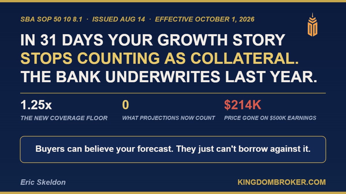 EricSkeldon's tweet photo. In 31 days a rule change makes your growth story worth zero at the closing table.

Not less. Zero.

The bank will no longer be allowed to count it.

Most owners planning to sell this fall have not heard about it yet. 🧵 https://t.co/yXsJEBiteq