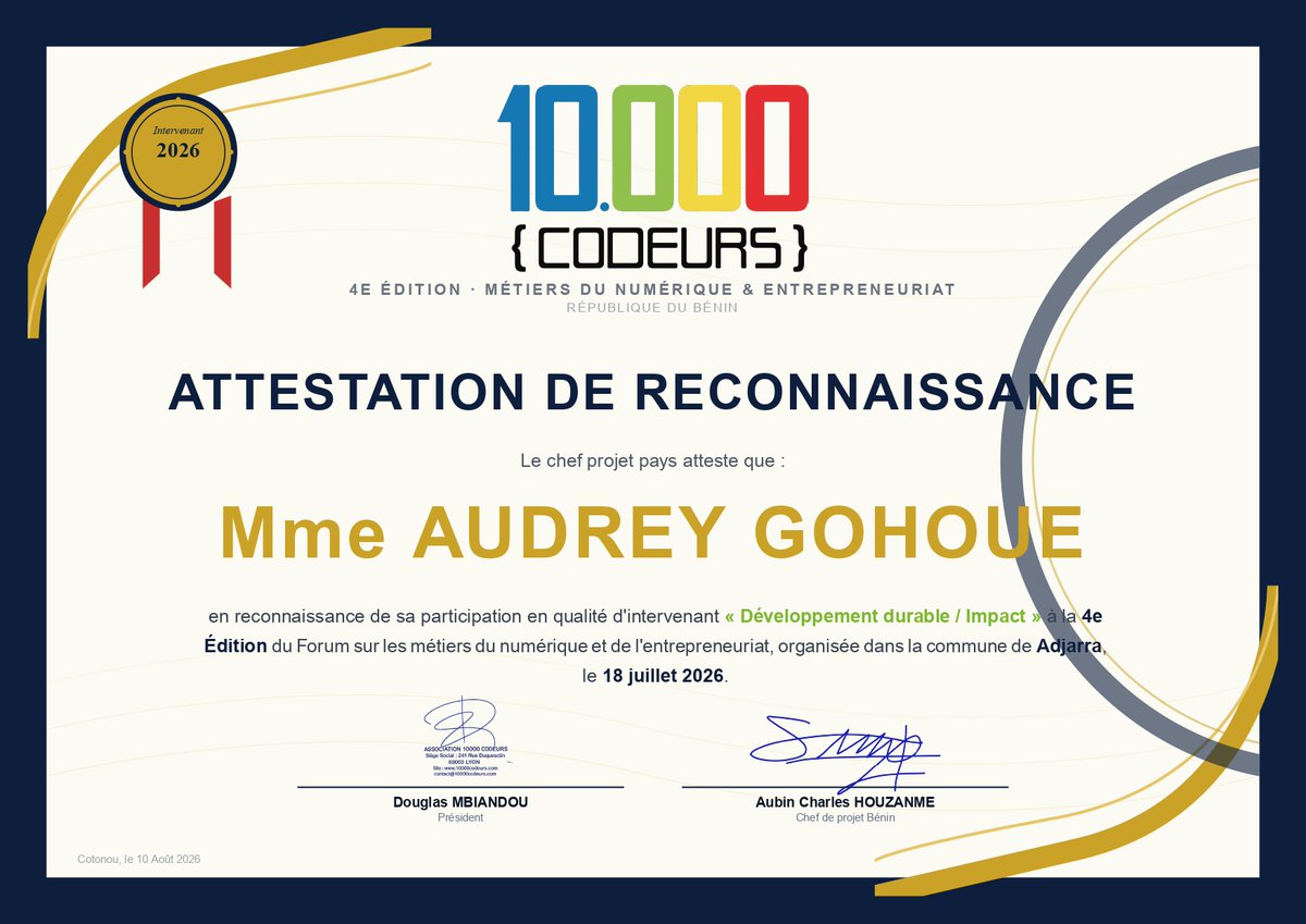 GOHOUEAudrey's tweet photo. ✨ Experte ODD &amp; formatrice pour l’ #APODD (partenaire stratégique de @10000codeurs au #Bénin).
Le 18 juillet 2026, à #Adjarra, j’ai animé l’atelier Développement Durable : des #ODD → des actions concrètes, grâce au numérique.
✅ 102 participants • youth energy https://t.co/bTuFh25gA1