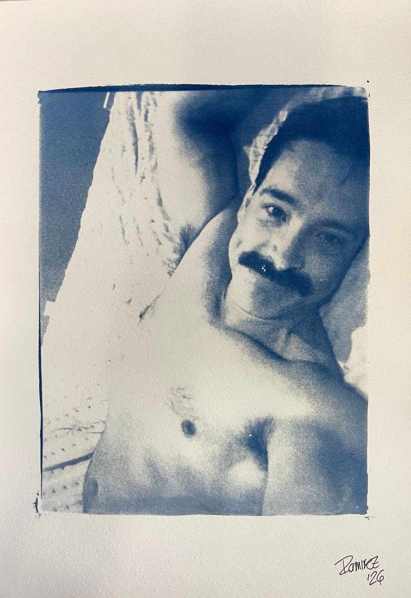QueerBlueprint's tweet photo. If you’re a good boy, Daddy Daryl might let you hop on for a moustache ride 😏

#cyanotype #moustache #dilf #queerart #gay #daddy https://t.co/x48Q197HS0