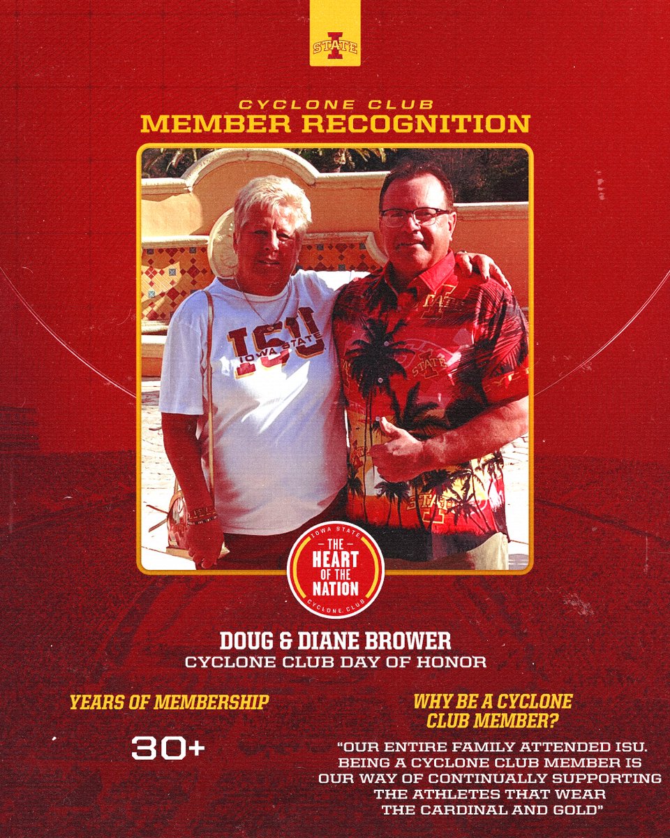 Cyclone_Club's tweet photo. Day of Honor Member Recognition - Doug &amp; Diane Brower🌪️

We greatly appreciate your support of the Cyclone Club and ISU Athletics, Doug &amp; Diane! You are the #HeartoftheNation!❤️ 

#DayofHonor26 https://t.co/GMsSZThm1C
