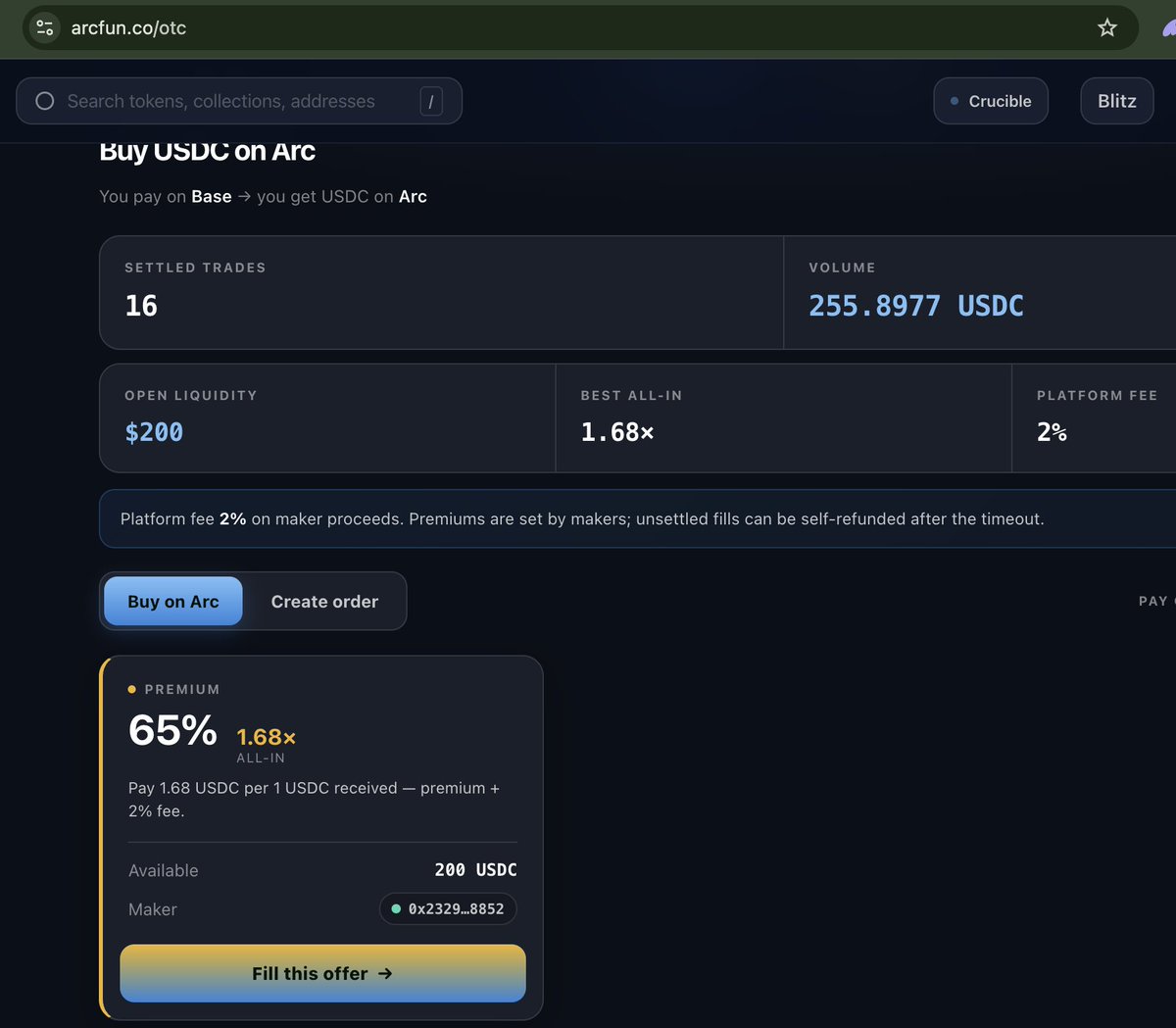 Arcfun_pad's tweet photo. Bridging to Arc is not open yet. There are a few OTC desks available. 
We have opened our own at https://t.co/T4NADqN0N8. 
Lower fees than most, and settlements in less than 1 minute. https://t.co/aYPxIdTL1J