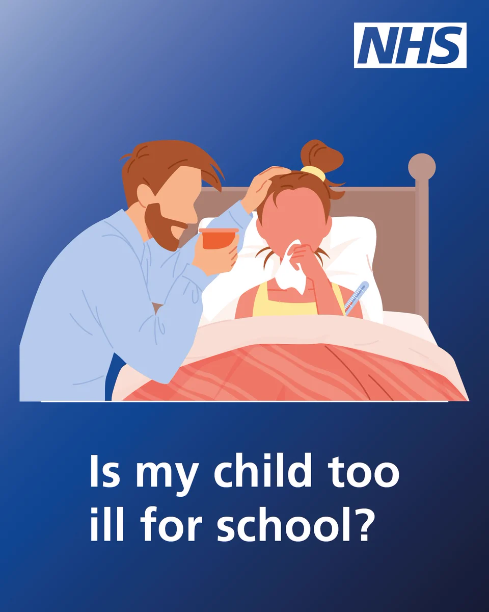 An illustration of a father caring for his ill daughter in bed. He is offering her a drink, and she is blowing her nose. There is a thermometer showing a high temperature. 