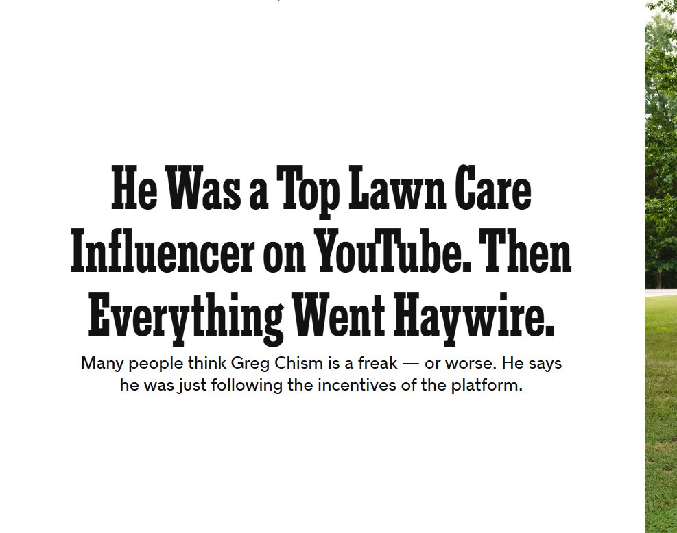 simonowens's tweet photo. The New York Times has a great profile of a once-popular lawncare YouTuber who became an internet villain after filming his daughters in increasingly unhinged videos. As it turned out, there were YouTube representatives behind the scenes who were egging him on, encouraging him to come up with new concepts based on what the platform’s child viewers were clicking on when their parents left them unmonitored. One of his videos reached over 600 million views.

Check out the article: https://t.co/tqfZXcr0Fy

And if you want more media industry analysis like this, check out my newsletter: https://t.co/8zqD2qQWgH