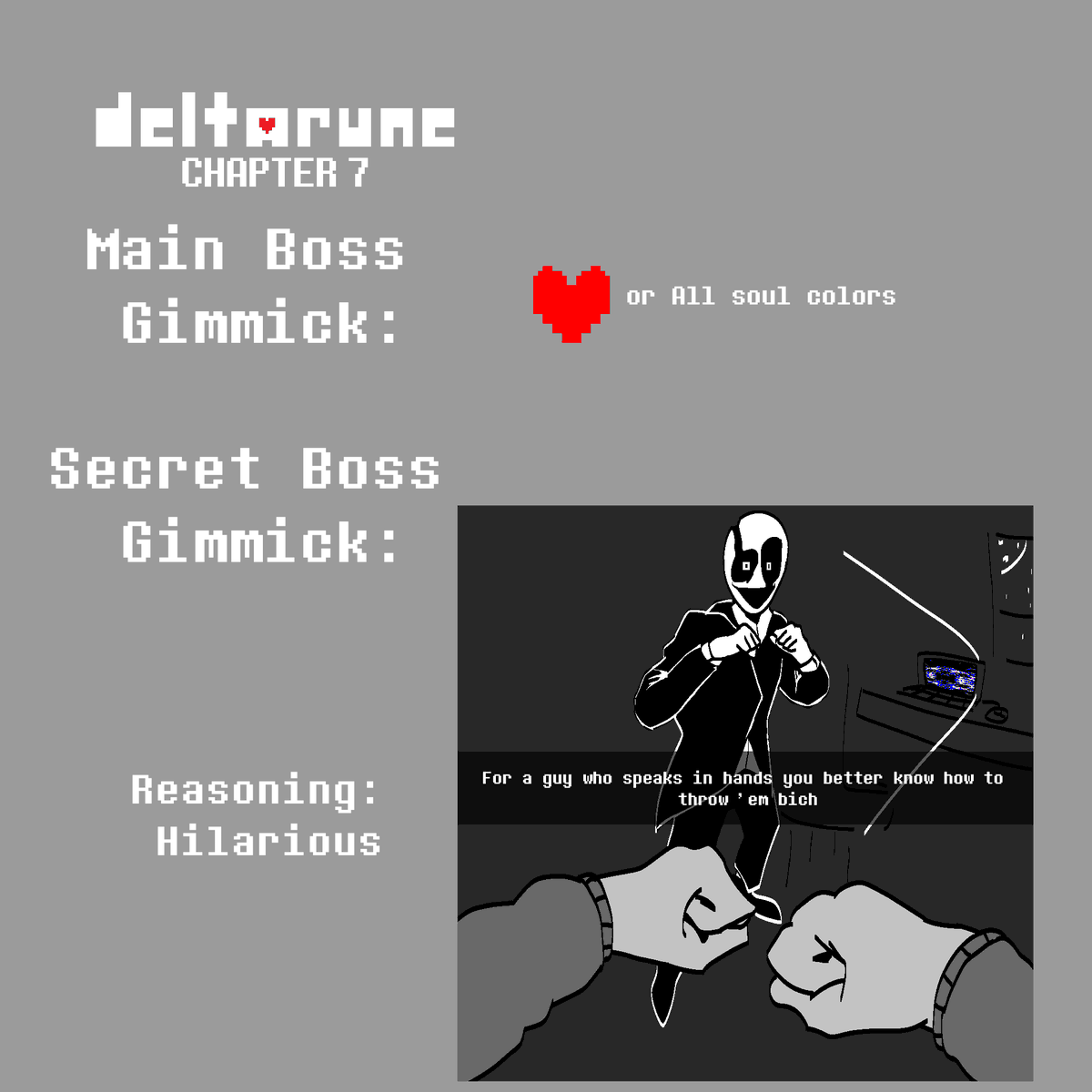 TheGuyestLame's tweet photo. gimmick prediction
#deltaruneㅤㅤㅤ https://t.co/7PrgNptq4I