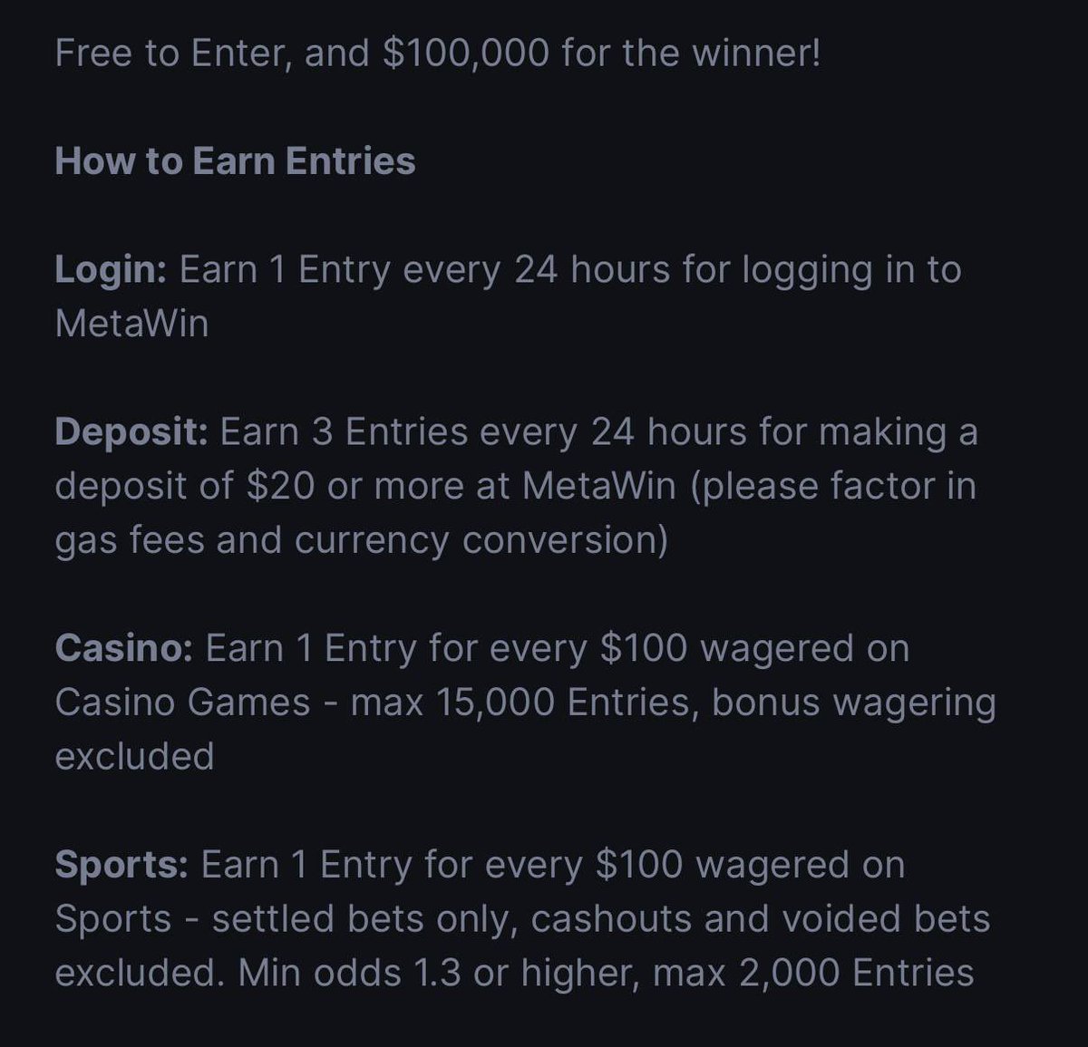 Ministerr's tweet photo. The @MetaWin $250k giveaway is in 6 hours

Everyone gets a free entry by simply logging into https://t.co/JBW6exkroq

You earn extra entries on top if you deposit & wager

They’re picking 25 separate winners so the odds are solid

Comment your wallet, I’ll give one of you another $250 so you can go spin & earn some entries