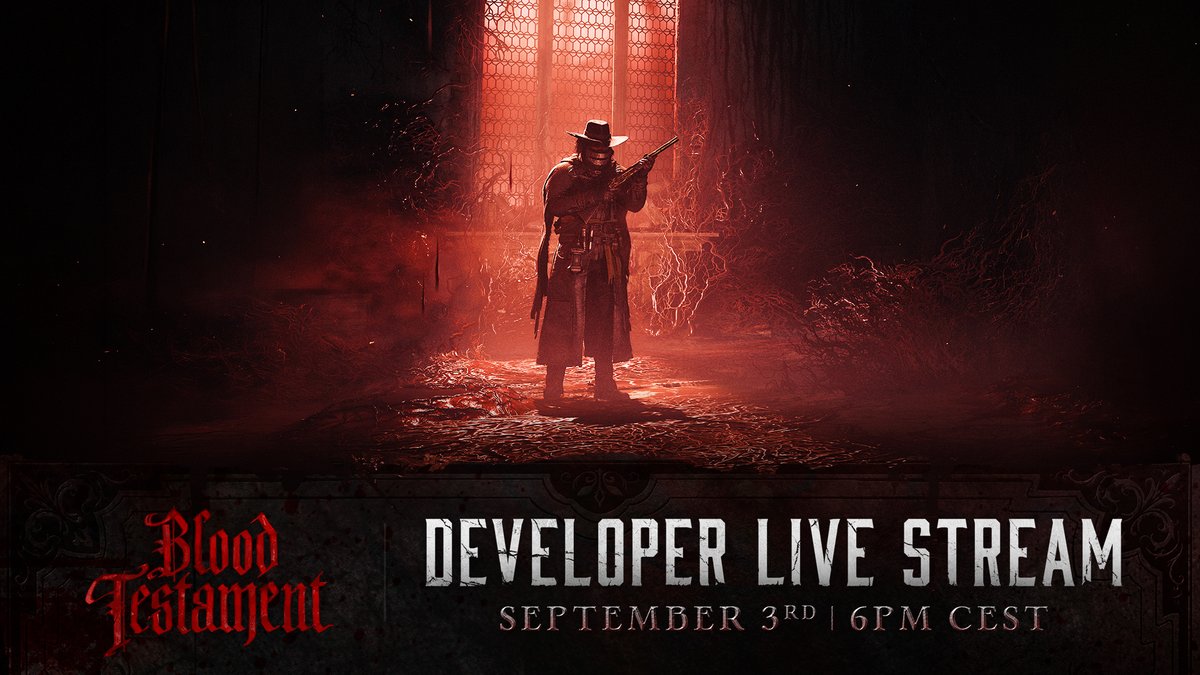 HuntShowdown's tweet photo. Join us on September 3rd at 6 PM CEST for a Developer Livestream as we break down everything coming with the new Event, Blood Testament. We're very excited to share what's in store.

There's a lot to talk about.
Watch on:
Twitch - https://t.co/lb0sQRiAUv
YouTube - https://t.co/zTIJQg8xUR