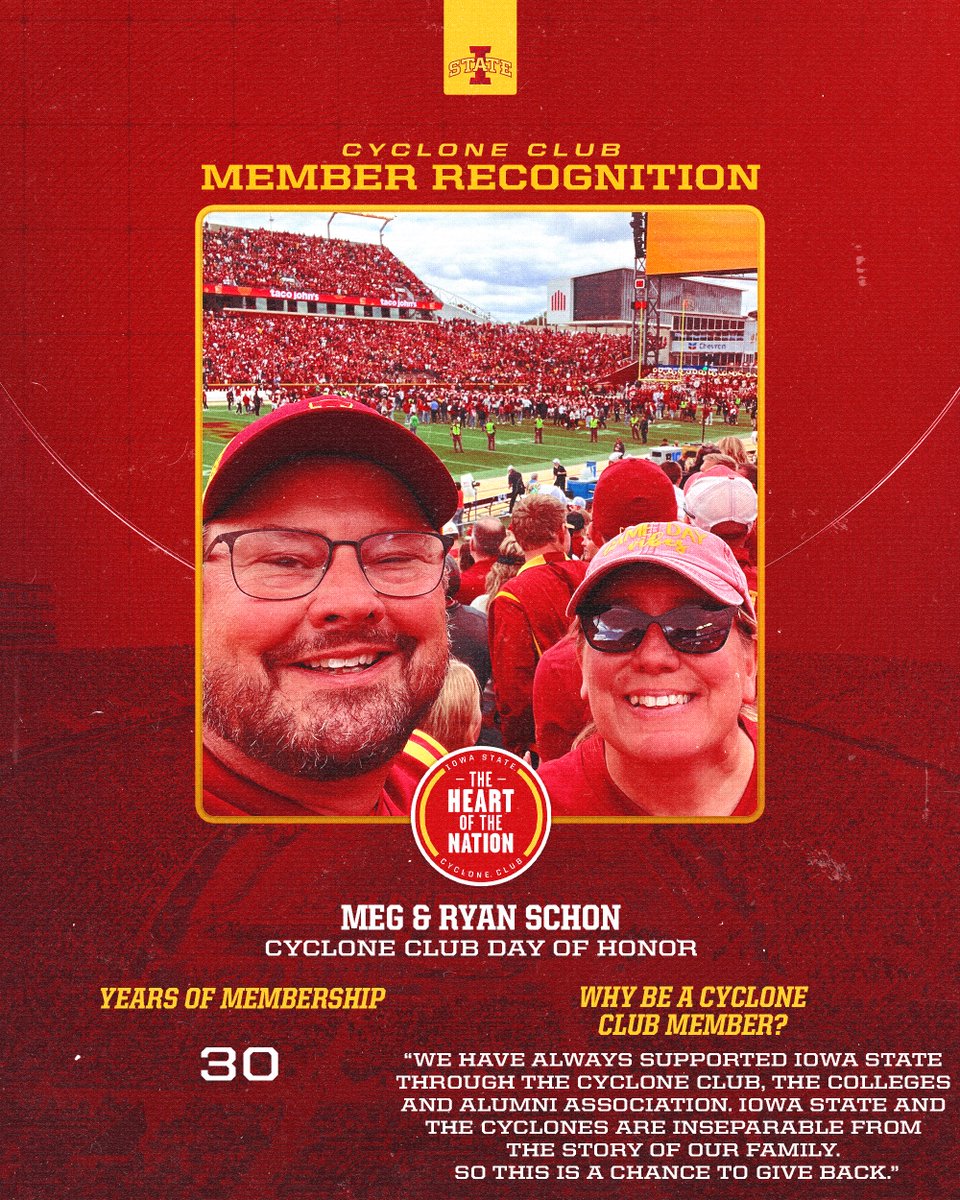 Cyclone_Club's tweet photo. Day of Honor Member Recognition - Meg &amp; Ryan Shon🌪️

Meg &amp; Ryan, thank you for your continued support to the Cyclone Club and Iowa State student-athletes! You are the #HeartoftheNation!❤️

#DayofHonor26 https://t.co/BJIYKTllvl