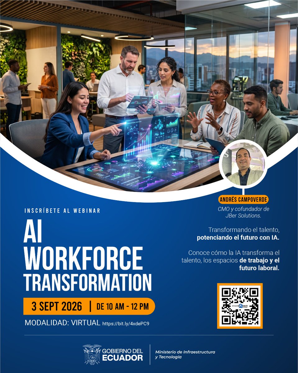 MIT_Ecuador's tweet photo. 📌 #Invitación | Inscríbete al webinar “AI Workforce Transformation”. Transformando el talento, potenciando el futuro con IA.

📅 Fecha: 3 de septiembre de 2026
⏰ Hora: 10:00 a 12:00
💻 Modalidad: virtual
👉 Inscríbete gratuitamente: https://t.co/Jk04LxhrhM https://t.co/sVw7cusvvk