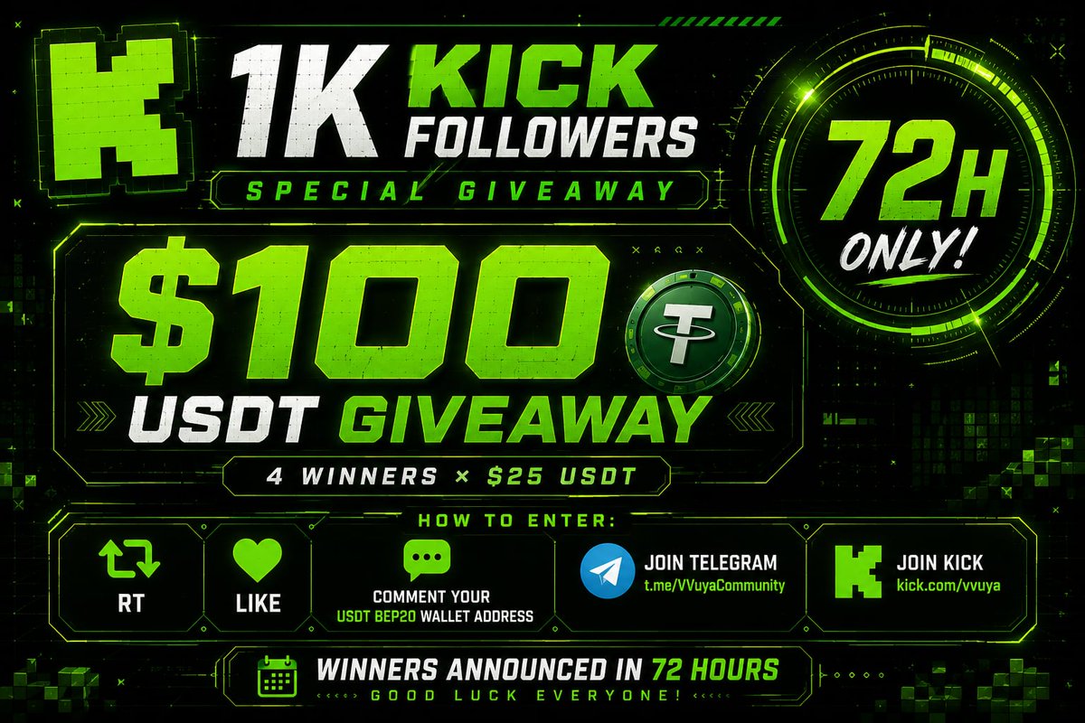 VVuya_'s tweet photo. SPECIAL 1K FOLLOWERS ON KICK $100 USDT GIVEAWAY | 4 winners × $25 USDT 

💸 To enter: RT, Like, Comment your USDT wallet address  
Join Telegram: https://t.co/Sof7GuBZCT
Join Kick: https://t.co/l9d0slZZys 

🏆 Winners announced in 72 hours. Good luck everyone! https://t.co/xA81LLhe91