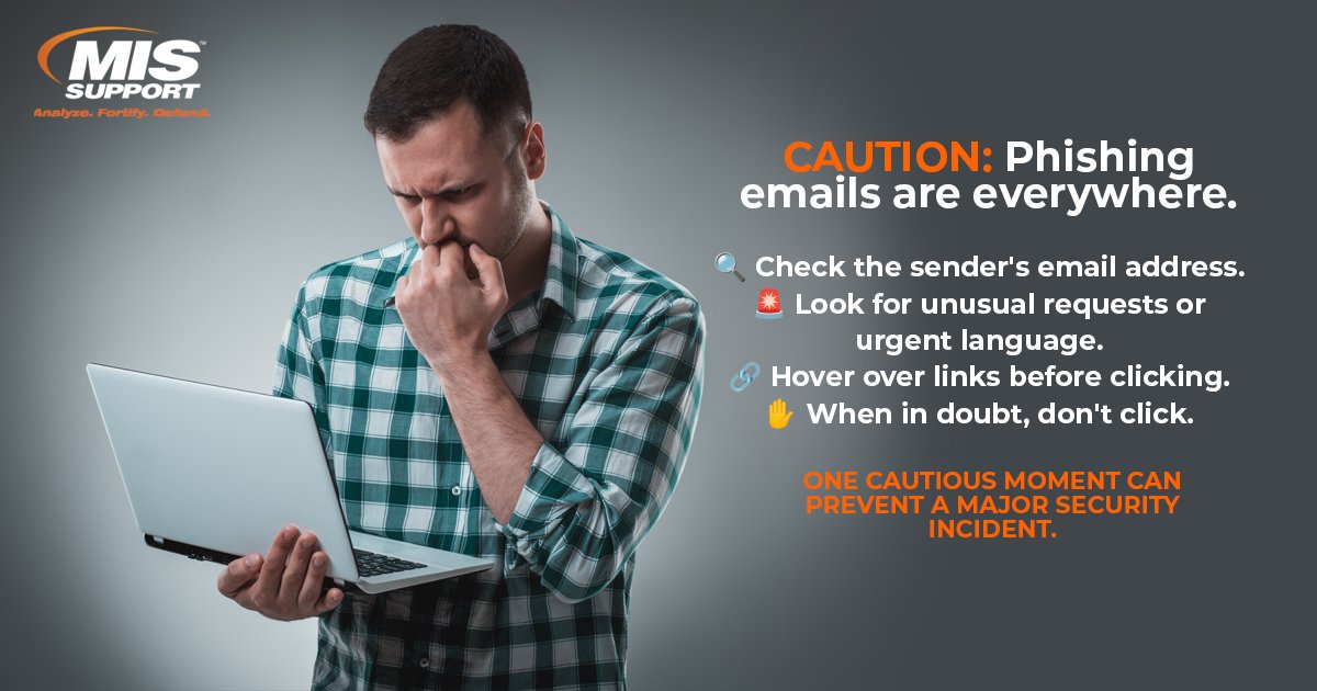 missupportinc's tweet photo. ⚠️ Phishing emails are getting smarter. Stay one step ahead.

Before you click, take a moment to check. One cautious decision can help protect your organization. 🔐💻

📞 877.647.2622 | 🌐 https://t.co/QjrJaby60A https://t.co/6qFb6Km2Dq