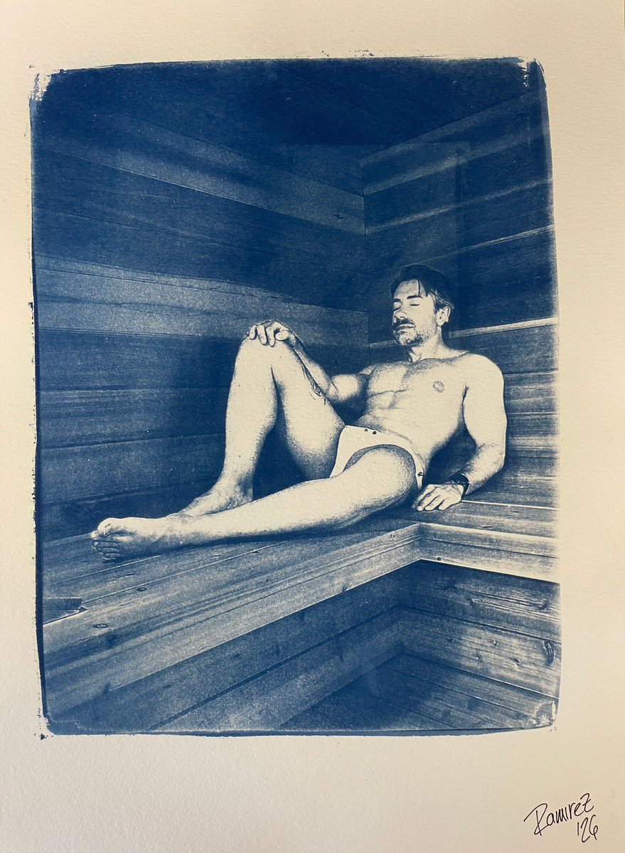 QueerBlueprint's tweet photo. Back to the grind but hopefully you were able to relax as much as @ricothepocketgay in the sauna!

#cyanotype #queerart #shortking #pocketgay #gay #speedo #sauna #steamroom #muscle https://t.co/pFy6T5sMSa
