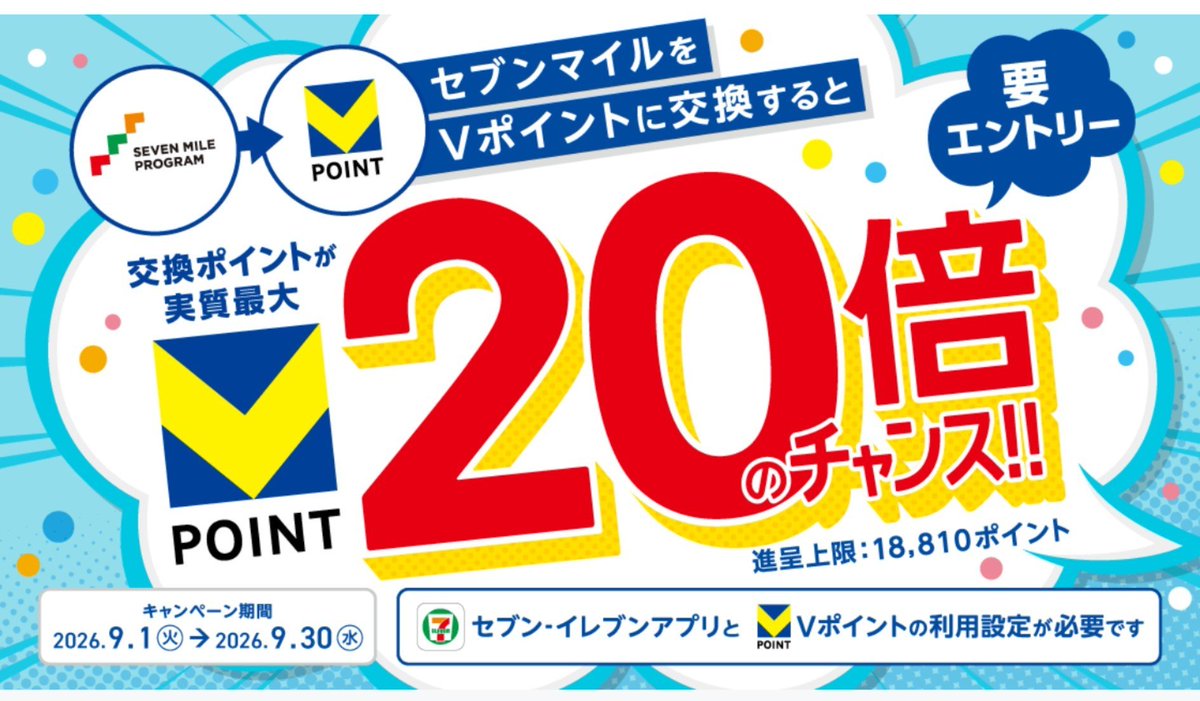 tobibashi's tweet photo. セブンマイルをVポイントに交換すると抽選で実質最大20倍のチャンス！ | Vポイントサイト
https://t.co/sV2LGAqQvR https://t.co/IFkqEdy9pa
