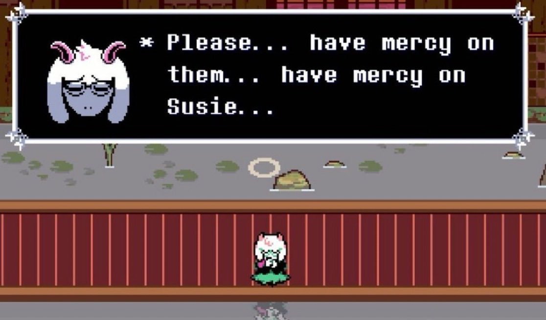 eenvirt's tweet photo. i never seen anyone talk abt this but “please… have mercy on them…” i think is vaguely worded on purpose and ralsei is specifically praying for susie and kris here rather than a general “them” and susie https://t.co/agVIfUXdQ8