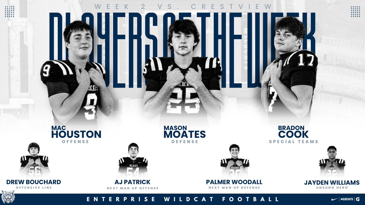 EHS__Football's tweet photo. Players of the Week - Week 2 vs. Crestview:

Offense - Mac Houston
Defense - Mason Moates
Special Teams - Bradon Cook

Offensive Line - Drew Bouchard
Next Man Up Offense - AJ Patrick
Next Man Up Defense - Palmer Woodall
Unsung Hero - Jayden Williams

| #GoCats https://t.co/QPQ0b1XJ1V