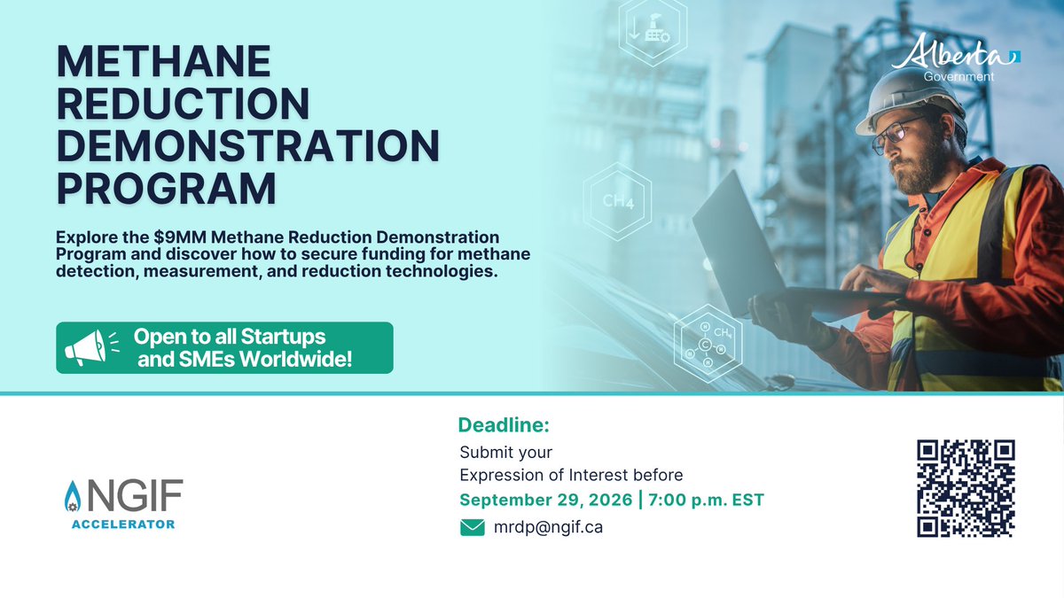NGIFAccelerator's tweet photo. 🚀 More than funding, real pilot access with Canadian energy operators.

Up to $750K in non-dilutive funding, covering up to 75% of costs, to demonstrate your methane reduction or measurement tech in the field.

⏳ Apply before Sept 29  https://t.co/4GExSYUM2s

#MethaneReduction #Cleantech #ClimateTech #OilAndGas #Startup #NonDilutiveFunding
#NaturalGas #Innovation
#EmissionsReduction