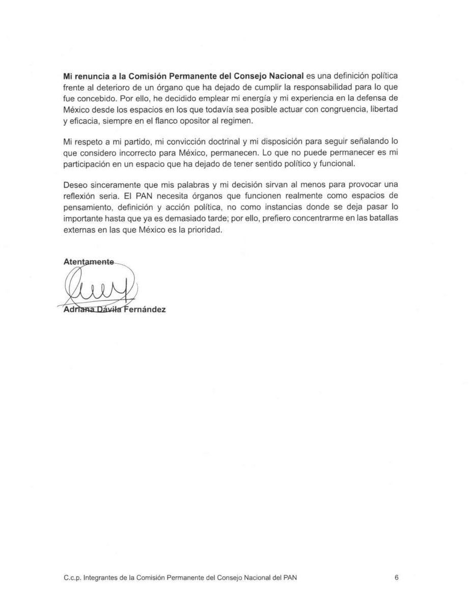 AdrianaDavilaF's tweet photo. Hoy he decidido cerrar un ciclo en la Comisión Permanente del Consejo Nacional del Partido @AccionNacional. 

Pero quiero dejar constancia de una profunda preocupación y una seria crítica política sobre el funcionamiento de la misma y sus implicaciones en la vida política del país.

Mi renuncia a la Comisión Permanente del Consejo Nacional es una definición política frente al deterioro de un órgano que ha dejado de cumplir la responsabilidad para lo que fue concebido, similar situación que se vive en otros órganos del partido.

Por ello, he decidido emplear mi energía y mi experiencia en la defensa de México desde los espacios en los que todavía sea posible actuar con congruencia, libertad y eficacia, siempre en el flanco opositor al régimen.
