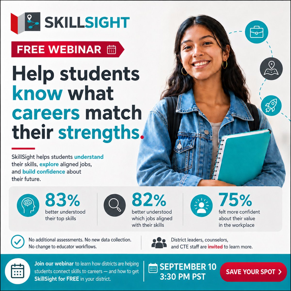 ERP_learn's tweet photo. Join us for a webinar on Sept 10 at 3:30 PM PST for K–12 admins, counselors, and educators who want to learn how SkillSight can help students connect their existing skills to real career opportunities. Register for the webinar here: https://t.co/kysU0kx9MQ https://t.co/URZ2zOxxQU