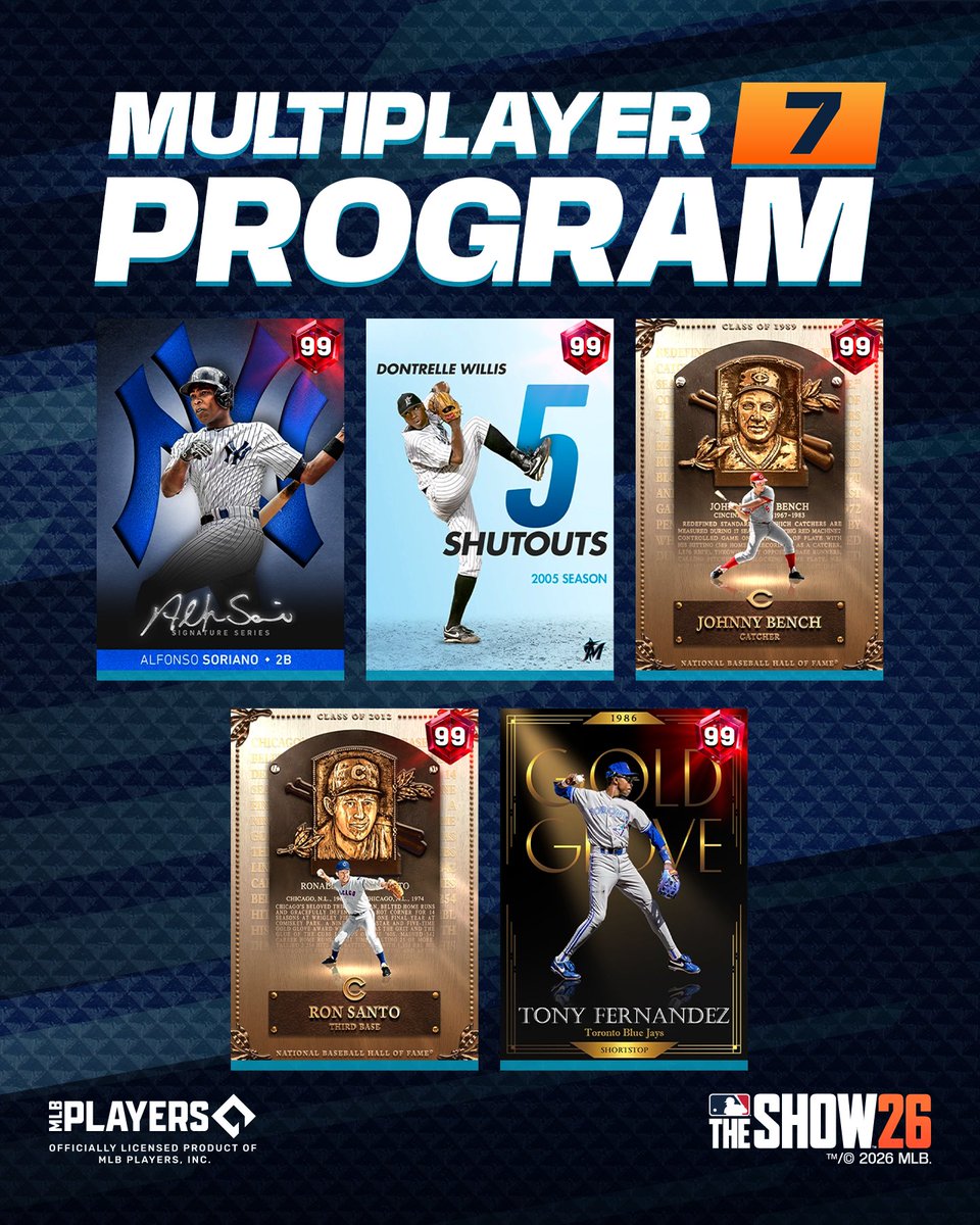 MLBTheShow's tweet photo. Multiplayer Program 7 is bringing the heat! 🔥

Add more red 💎s to your squad:

🫡 Signature Alfonso Soriano 💎
😤 Milestone Dontrelle Willis 💎
🫡 Hall of Fame Johnny Bench 💎
🫡 Hall of Fame Ron Santo 💎
🏆 Awards Tony Fernández 💎

Live today around noon PT in MLB The Show 26! ⚾🎮