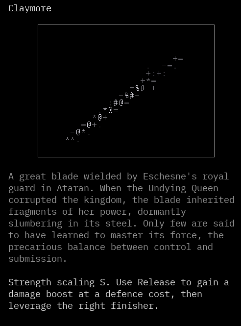 BloodscriptEnd's tweet photo. In #bloodscript the weapon does not simply belong to its wielder.
It remembers them.
Discover the #Claymore. One of many weapons waiting to be found deep within the dungeons.
Which will you uncover?
#indiegame #roguelike #weapon #ascii #asciiart #indiedev https://t.co/zuAPcAZkul