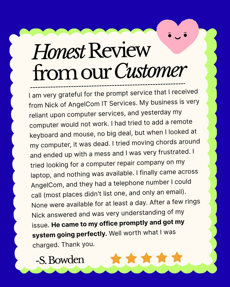 AngelComputers1's tweet photo. Nothing feels better than a happy client! Big thanks for your kind words and for trusting AngelCom with your IT needs. Your reviews inspire us to keep delivering top-notch tech solutions! π
#ClientLove #GoogleReview #CustomerAppreciation #ITSupport #ManagedIT #MSP #AngelCom https://t.co/ekbcPOifCi