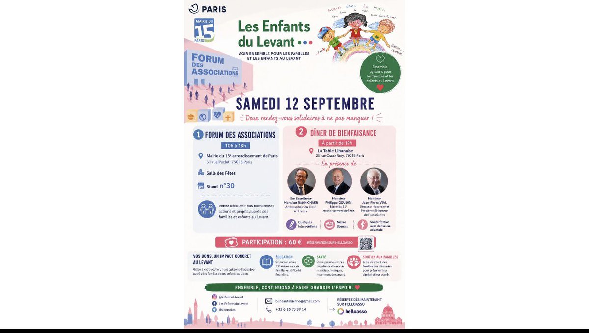 LevantLes's tweet photo. Samedi 12 sept de 10h à 18h

📍Mairie15e Paris
nous sommes ravis de faire partie des 240 associations pour une journée festive avec stands, animations… et un apéro-concert à 12h15 
📍Salle de Fêtes stand numéro 30 

Venez nombreux pour nous rencontrer et connaître nos actions! https://t.co/kDJyZPrf8t