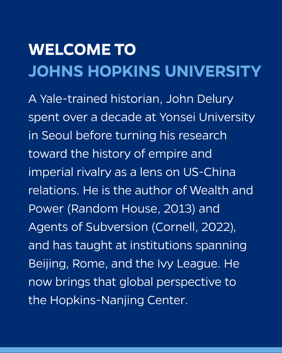 SAISHopkins's tweet photo. Johns Hopkins SAIS welcomes John Delury as Resident Professor of International Politics at the @HopkinsNanjing. A leading voice on China, US-China relations, and the Korean Peninsula, Delury’s appointment begins this fall.

Welcome to the SAIS community, Professor Delury. 👏 https://t.co/EkMzz8df3g