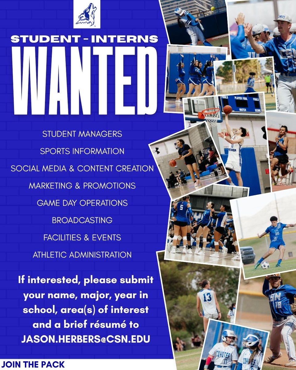 CSNCoyotes's tweet photo. CSN Athletics is looking for motivated students interested in internship opportunities during the 2026–27 academic year.
Opportunities may be available in a variety of areas.
Gain experience. Build your résumé. Be part of Coyote Athletics.
#JoinThePACK
@CSNCoyote https://t.co/numGdu9z9N