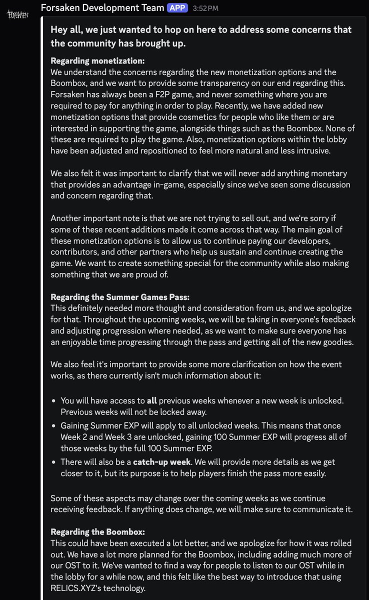 Forsaken_News's tweet photo. 🚨News🚨

The Forsaken Development Team has addressed some concerns that the community has brought up regarding the newest update, such as the new monetization, Summer Games Pass &amp; Boombox.

📢This information comes from the Official Forsaken Server.📢

#Forsaken #forsakenroblox https://t.co/le3DvqhHqu