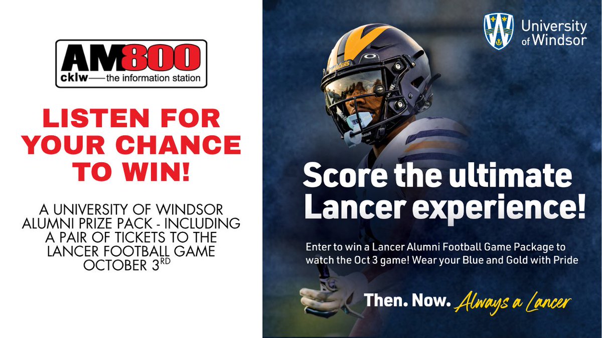 AM800CKLW's tweet photo. Alumni week is coming Sept 28 - Oct 3 with events designed to connect, inspire &amp; engage UWindsor grads.

Wake up with Mornings with @mikemeg800 all this week for your chance to win a @UWindsor Alumni Prize Pack including a pair of tickets to the Lancers Footbal Game Oct 3! https://t.co/q5Sjbxiali