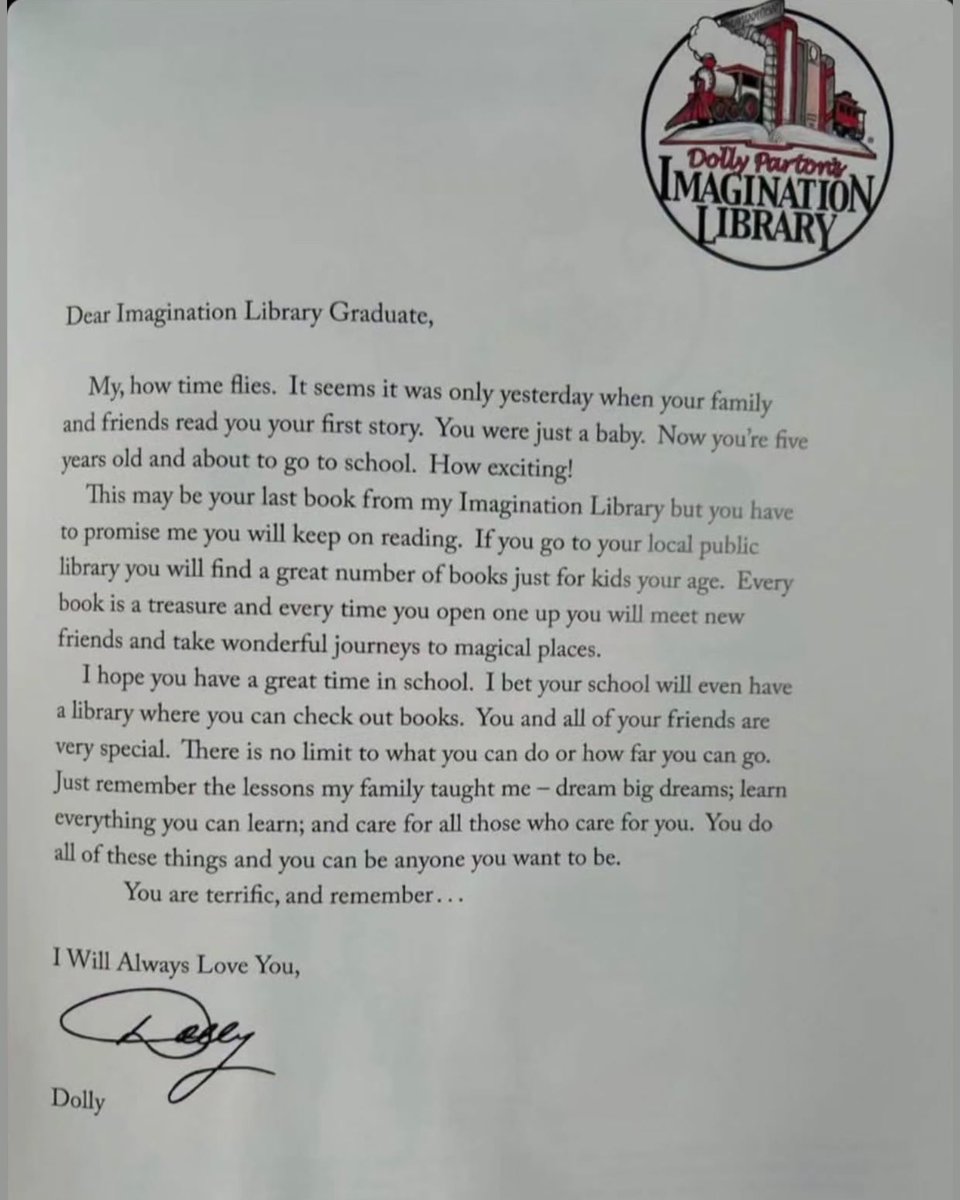 Complex's tweet photo. Dolly Parton’s final note to children in her Imagination Library is going viral following her death. 

In the message, Parton encouraged kids receiving their last free book at age 5 to keep reading, dream big, learn as much as they can and care for the people who care for them. She ended the note with a touching reference to her famous song, writing, “Remember … I Will Always Love You, Dolly.”
ㅤ
[📸: GETTY, @dollyparton ]