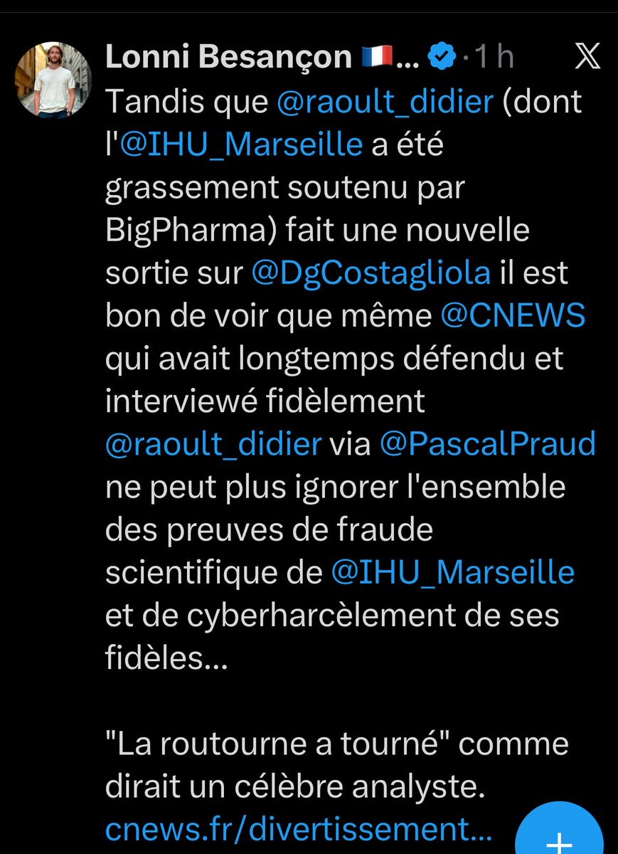Titithebest4's tweet photo. Cher Lonni .
On va calmer le triomphalisme.
Que CNEWS consacre un sujet à l’IHU et à Raoult ne « prouve » rien. 
Ça prouve seulement que même une chaîne qui l’a longtemps défendu accepte désormais de poser des questions. 
C’est le minimum dans une affaire qui dure depuis 6 ans.
Parler d’« ensemble des preuves de fraude scientifique » est une formule commode. 
Mais transformer ça en « tout l’IHU = fraude » et « tous les fidèles = cyberharceleurs » est une simplification qui arrange ceux qui ont fait de Raoult leur totem négatif.
L’IHU n’a pas été « grassement soutenu par BigPharma » comme un laboratoire aux ordres. 
Raoult a passé une bonne partie de sa carrière à se fâcher avec l’industrie, l’Inserm et le CNRS. L’hydroxychloroquine n’était pas un produit juteux. 
Le récit « BigPharma vs le professeur indépendant » est caricatural des deux côtés.
Sur le harcèlement : il y en a eu, et c’est inacceptable, dans les deux camps. 
Accuser collectivement « ses fidèles » tout en oubliant les menaces, les plaintes, les mails aux employeurs et les procès-bâillons qui ont aussi visé des critiques, c’est jouer à cache-cache avec .
Présenter un seul camp comme victime permanente et l’autre comme horde organisée, c’est de la communication, pas de l’analyse.
Costagliola, Praud, CNEWS, les retractions : tout ça existe. Ça n’efface pas que Raoult a publié énormément, formé des générations de chercheurs en infectiologie, et que des milliers de patients sont passés par l’IHU pendant le Covid. 
On n’est pas obligé d’en faire un roman noir où un seul homme et son institut incarnent « la fraude » tandis que tous ceux qui les ont critiqués incarnent « la science ».😎
La « routourne » n’a pas « tourné » parce qu’un article CNEWS est sorti. 
Elle tourne depuis que les revues, les agences et les universités ont commencé à regarder réellement les dossiers. 
Ça n’interdit pas de rappeler que le procès médiatique a souvent précédé, et parfois remplacé, le procès scientifique.
On peut exiger de la rigueur sans transformer chaque critique de Raoult en victoire morale et chaque défense de l’IHU en crime contre la science.