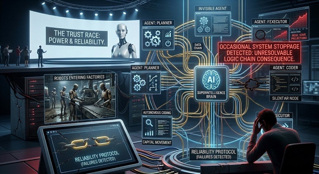AIBoticssq's tweet photo. We didn't get Skynet. 
We got something much stranger. 
Invisible agents running in the background. 
Robots entering factories.
 AI writing code and moving money.
 And occasionally... everything just stops working. 
The real AI race is about building something powerful enough to act independently, and reliable enough to trust.