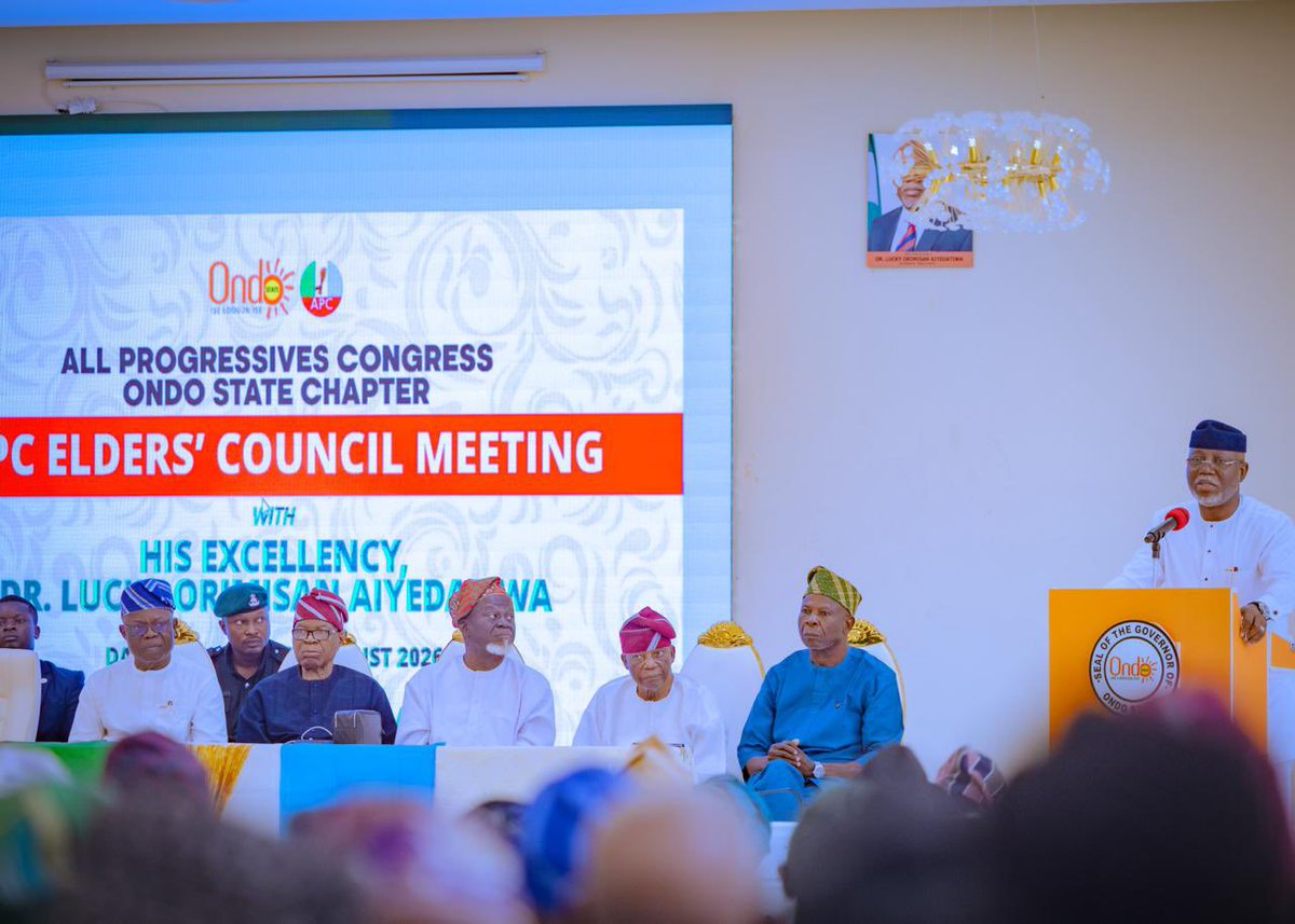 AdoAdeboye's tweet photo. 2027: GOV AIYEDATIWA HOSTS APC ELDERS, RALLIES SUPPORT FOR TINUBU, OTHER APC CANDIDATES

Ondo State Governor, His Excellency, Hon. Lucky Orimisan Aiyedatiwa, on Monday unveiled the All Progressives Congress (APC)’s mobilisation plan for the 2027 general elections.... https://t.co/Q9ex8lpXdQ