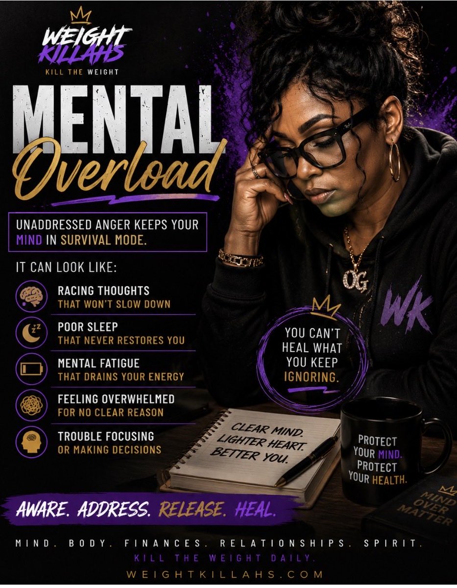 Weightkillah's tweet photo. 🚨 YOUR MIND NEEDS REST TOO.

Carrying anger, disappointment, betrayal and everybody else’s problems will have your brain working overtime.

Then you wonder why you can’t concentrate, settle down or mentally shut OFF.

Baby, everything you survived doesn’t deserve permanent residence in your head. 💯

#AngerVsHealth #MentalHealthAwareness #WeightKillahs #ProtectYourMind #ReleaseTheWeight