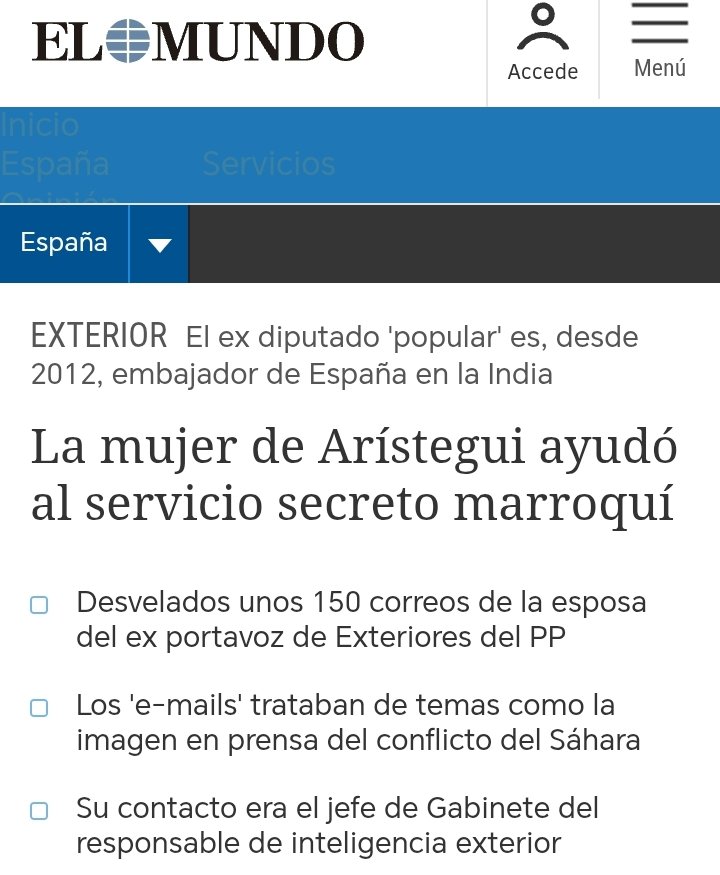 AhmedBabaD86's tweet photo. En 2011, Marruecos "metió en la cama" de Gustavo de Arístegui a la marroquí Nadia Jalfi, una de sus agentes. De Arístegui, entonces portavoz del PP en la comisión de exteriores del Congreso, era un serio candidato para MAE del primer Gobierno de Rajoy.

Cuando Mariano Rajoy tomó posición de su cargo a finales de 2011, uno de los primeros informes del CNI que le llegaron le advirtia de quién era en realidad la esposa del entonces diputado Gustavo de Arístegui. Rajoy acabó mandando a de Arístegui de embajador a la India y nombró en Exteriores a José Manuel Margallo. El plan de Mohamed VI de tener información de primera mano de todo un ministro de exteriores de España se fue al garete.

Hoy, Gustavo de Arístegui, sigue casado con Nadia Jalfi, y es un lobista prominente del régimen marroquí en la derecha española. Defiende su ocupación del Sáhara Occidental, y lo exculpa en sus análisis y artículos de cualquier responsabilidad directa en la invasión de Ceuta.
