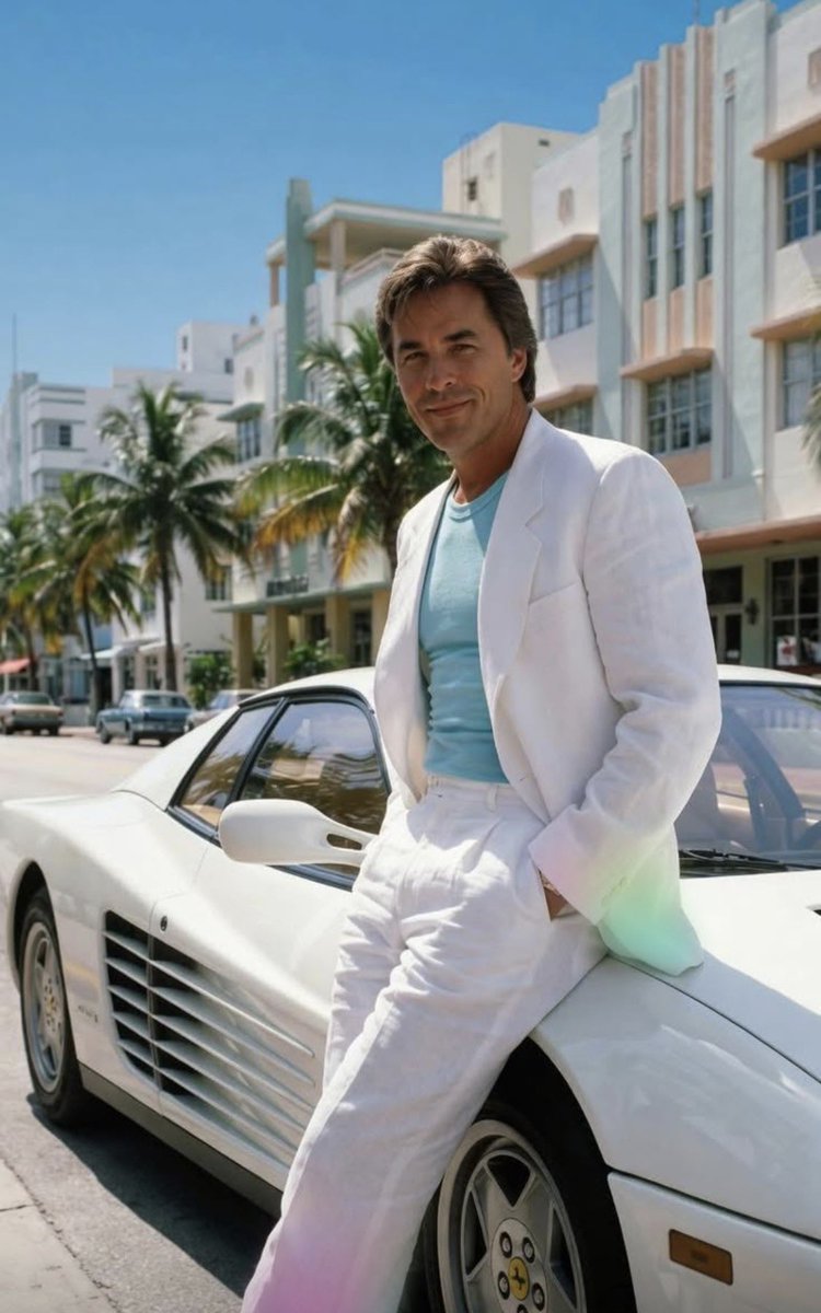 EsbirrodeDios's tweet photo. Un traje blanco de lino sin calcetines sobre un #Ferrari #Testarossa blanco a todo gas por #OceanDrive, y un aire de quien no le debe explicaciones a nadie. #SonnyCrockett en los ochenta tenía más elegancia, clase y autenticidad en una sola pestaña que toda esta generación de clones de redes sociales con sudaderas de marca barata, filtros de plástico y cero personalidad. Qué horror de mundo actual. Ahora imagina la música.