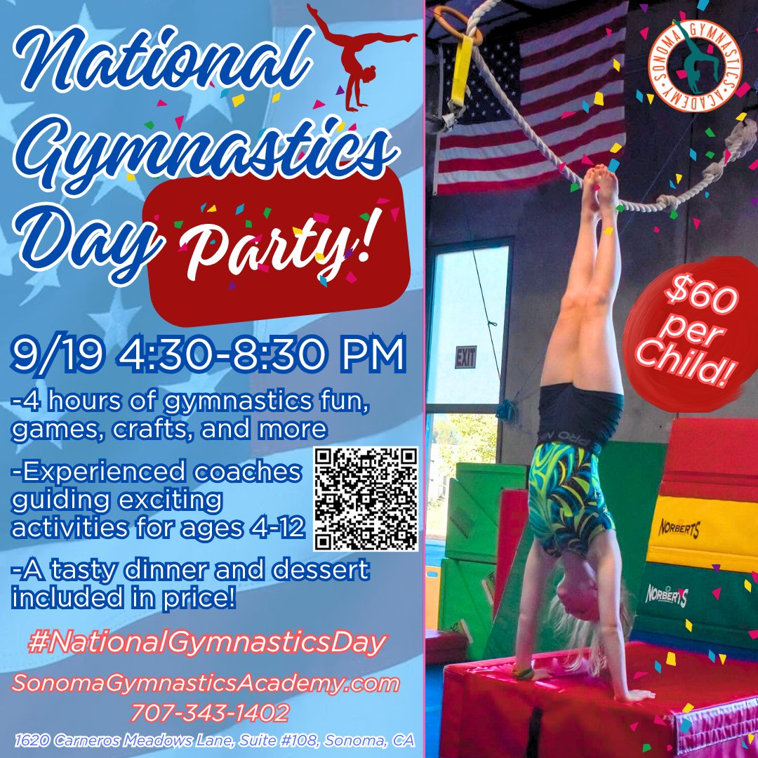 FlipsFitnessFun's tweet photo. Celebrate National Gymnastics Day with us!

SGA is having a BIG party for all kids aged 4-12 on 9/19, 4:30-8:30 PM. 
It costs just $60 per child, with limited spots, so reserve yours NOW!
https://t.co/nbJuPF8std

#party #sonoma #kids #events #fitness #gym #nationalgymnasticsday https://t.co/pfIclvjsyc