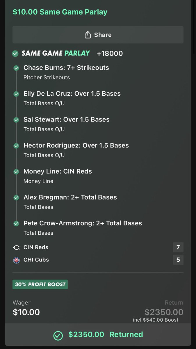 SlateGPT's tweet photo. Of course I didn’t post this 😭✌🏼 💰 

I am so sorry… but did anyone have a better SGP slip than this last night⁉️

Shoutout to Bet365 for the great lines, and a profit boost 🔥 💸 

Can we do it again tonight 👀 🧐 

#Gambling𝕏 #MLB https://t.co/c0KrWkEb8t