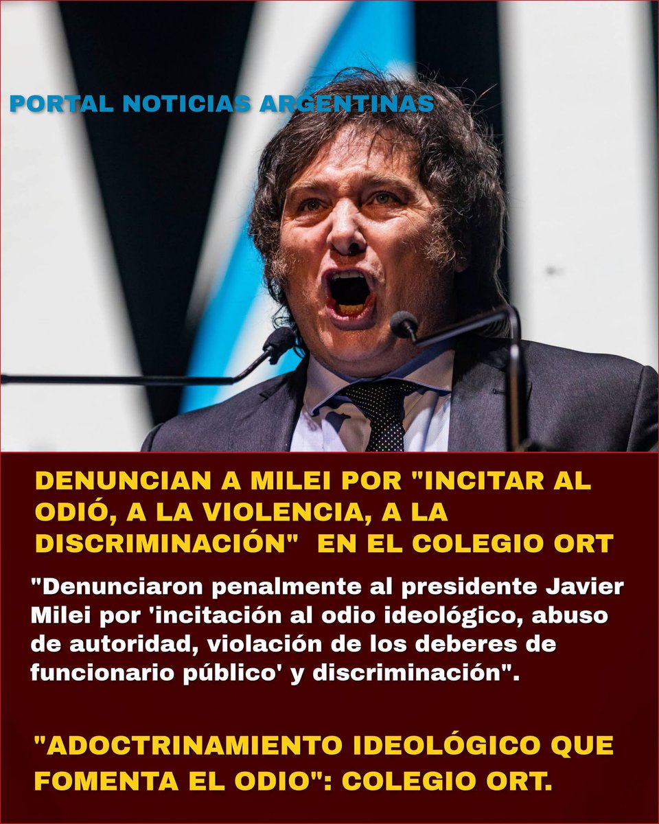 MarileNeumayer's tweet photo. 💥 DENUNCIA PENAL A MILEI POR INCITACION AL ODIÓ EN EL COLEGIO JUDÍO ORT💥 

JUDICIALES| ¡Urgente! Denunciaron penalmente al presidente Javier Milei por "incitación al odio ideológico, abuso de autoridad, violación de los deberes de funcionario público y discriminación". La "acusación legal fue radicada en el Juzgado Criminal y Correccional Federal N° 12 de Comodoro Py, a cargo del juez federal Ariel Lijo". La presentación judicial "fue impulsada formalmente por la organización Reset Republicano a través de los abogados José Lucas Magioncalda y Juan Martín Fazio".

La denuncia penal se fundamenta en que el mandatario "incurrió en abuso de autoridad frente a menores de edad durante la charla que brindó el 27 de agosto ante alumnos de 4.° y 5.° año de la Escuela ORT". Los denunciantes sostienen que " "Milei se valió de la asimetría de su poder institucional para desplegar una arenga netamente proselitista y partidaria dentro de un ámbito escolar, apartándose deliberadamente de sus funciones oficiales como jefe de Estado".

Asimismo, "se lo acusa de discriminación, insultos e incitación al odio al utilizar la estructura y la comunicación oficial para difundir discursos de superioridad ideológica y deshumanizar a la oposición política, tildando al marxismo ("los zurdos") de tener un origen "satánico". 

"El escrito judicial remarca además que el presidente violó sus deberes al instigar a los adolescentes a abuchear y hostigar a los periodistas, convalidando la persecución a la prensa libre" al exclamar ante el auditorio: "Si quieren hacerlo más fuerte se los voy a festejar".