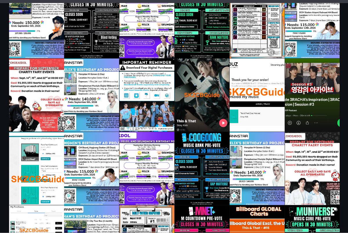 SKZCBGuide's tweet photo. STAYs: 

“We need fanbases on other platforms. Twitter isn’t enough anymore.”
“Why isn’t anyone talking about voting and streaming on other platforms?”
“Information just isn’t available on Instagram and TikTok where STAYs are more active.”
“YouTube STAYs need fanbase guidance on how to stream.”
“We need a fandom space where ALL the information is available in one place.”
Etc. etc. etc. 😭

OUR TEAM: Oh, um… hello? 😭 https://t.co/pQcgLapoz6 exists. We promise. 

We have an entire website dedicated to explaining streaming, voting, charts, music shows, comeback preparation and pretty much every other “how does this work?” question we can think of.

Our homepage even has daily updates on which votes are currently the priority AND updated focus playlists for 5 different streaming platforms that STAYs can literally just click and start using.

And because apparently an entire website wasn’t enough 😭, we also post this information DAILY across X, Facebook, Instagram, Threads, TikTok, Bluesky AND YouTube so STAYs can access it on whichever platform they actually use. We put out quick bitesize graphics for everything on top of full detailed breakdowns on the site. Seriously we have hundreds of graphics we post on all those platforms and update with so much voting and streaming info.

If THAT still isn’t enough, the only solution we have left is for our Admins to start going door-to-door with printed copies of the guides. 😭😂

But seriously — https://t.co/pQcgLapoz6.

Helping STAYs understand how to support Stray Kids is quite literally the entire reason we exist. 🫶