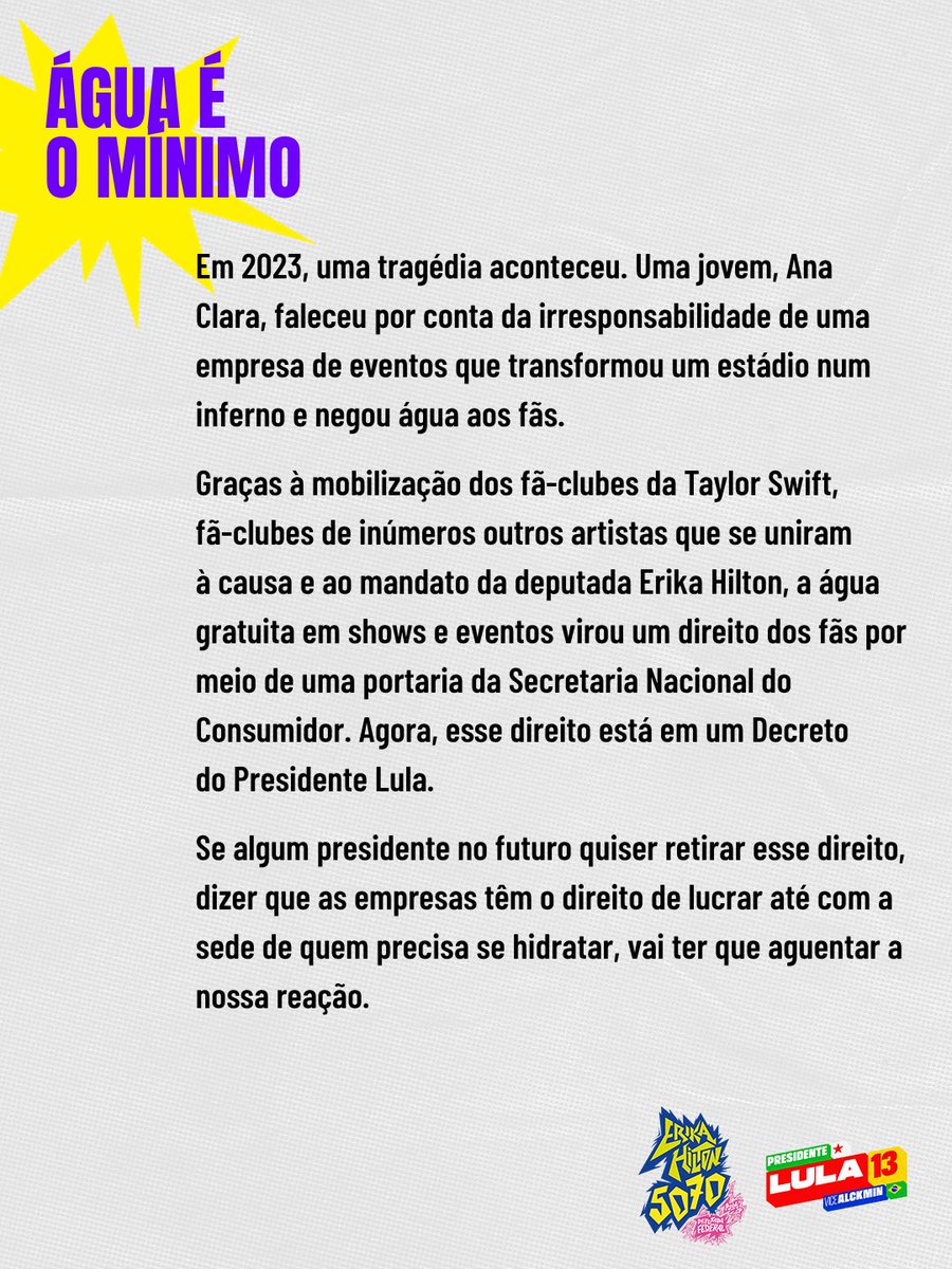 scarpenterbr's tweet photo. ⭐️ VITÓRIA DOS FÃS! ⭐️

Depois de muita luta contra os abusos dos cambistas digitais e por condições dignas nos shows, a deputada @ErikakHilton assumiu a frente dessa reivindicação e as mudanças finalmente chegaram.

Nesta segunda-feira, o presidente @LulaOficial assinou decretos essenciais. As novas regras vão tornar a venda de ingressos muito mais justa e garantir, de uma vez por todas, o acesso gratuito à água em grandes eventos no Brasil.

É 13 nas urnas! ⭐❤️

Confira tudo nas imagens! 👇
