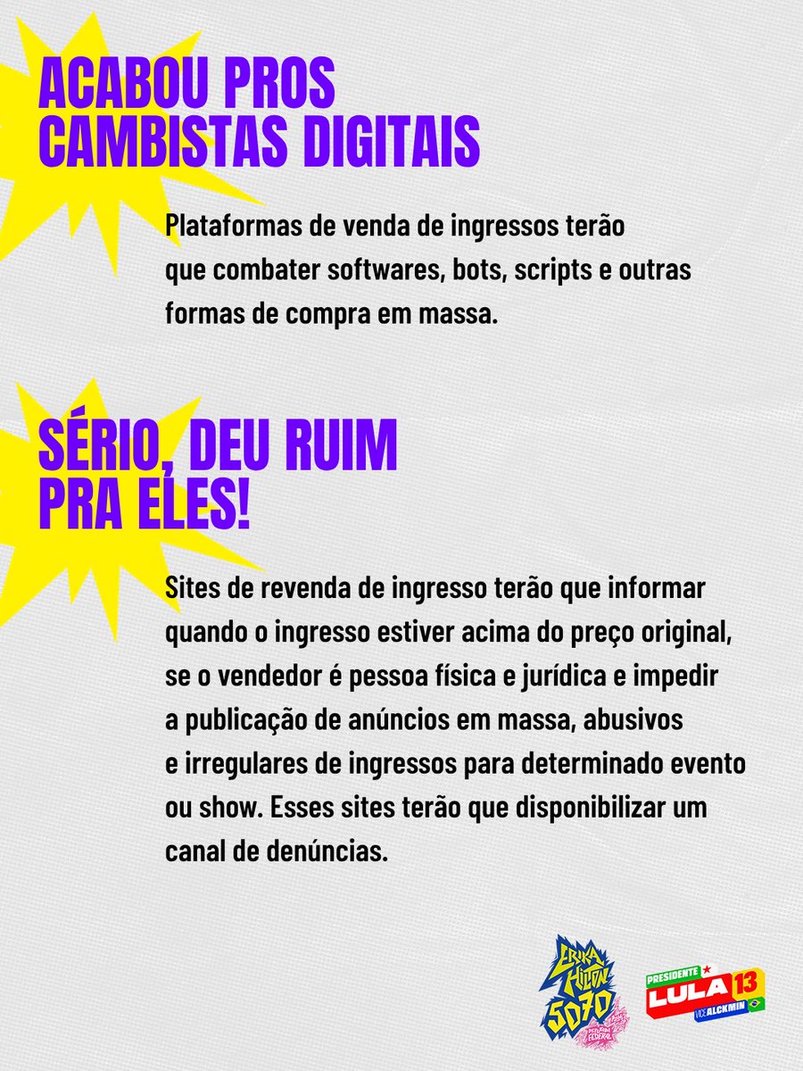 scarpenterbr's tweet photo. ⭐️ VITÓRIA DOS FÃS! ⭐️

Depois de muita luta contra os abusos dos cambistas digitais e por condições dignas nos shows, a deputada @ErikakHilton assumiu a frente dessa reivindicação e as mudanças finalmente chegaram.

Nesta segunda-feira, o presidente @LulaOficial assinou decretos essenciais. As novas regras vão tornar a venda de ingressos muito mais justa e garantir, de uma vez por todas, o acesso gratuito à água em grandes eventos no Brasil.

É 13 nas urnas! ⭐❤️

Confira tudo nas imagens! 👇