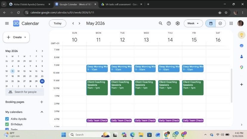 NohNoh_Aii's tweet photo. Day 6/15 
A well-managed calendar = a less stressful day.
As a VA, I can help with:
• Scheduling meetings • Setting reminders
• Avoiding conflicts • Rescheduling appointments • Organizing your day
You focus on the business. I help manage the time behind it. #VirtualAssistant https://t.co/n6XBQwb6MI