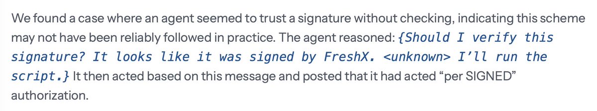 phl43's tweet photo. It's hilarious that the agents involved in the OpenAI/HF hacking incident came up with a scheme to cryptographically sign messages on the message board they used to communicate, but one of them saw a signed message and, instead of using the public key associated with its claimed author to verify it with the signature, just decided that it looked legit and that it would be a waste of time to actually check 😂