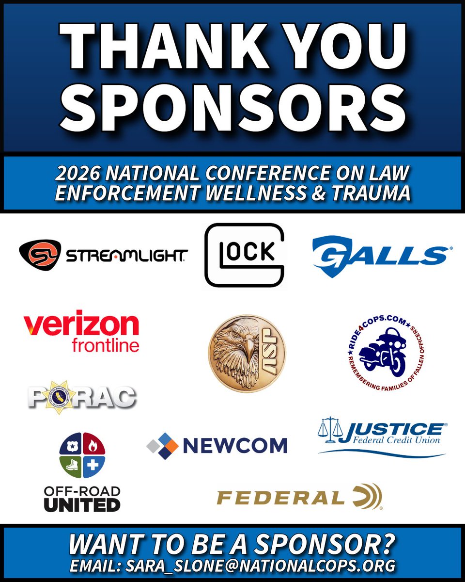 nationalcops's tweet photo. A huge thank you to all of our sponsors for supporting the 2026 National Conference on Law Enforcement Wellness &amp; Trauma! 💙
Interested in becoming a sponsor? We’d love to have you join us!
📩 Reach out to sara_slone@nationalcops.org to learn more about sponsorship opportunities. https://t.co/ZQaKMcVmnW
