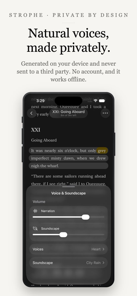 BuildWithTom's tweet photo. Surprise shadow drop! I���ve been stealth building Strophe, a native iOS ebook reader with on-device text-to-speech.

Turn any ebook into an audiobook, import any web articles or text, multiple voices, sound scapes, and way more. No listening limits, no account needed and works offline.

I've built this app for myself to replace ElevenReader, Instapaper, Speechify, Apple Books, etc.

Just submitted it to the App Store. Available later this week for all iOS devices!